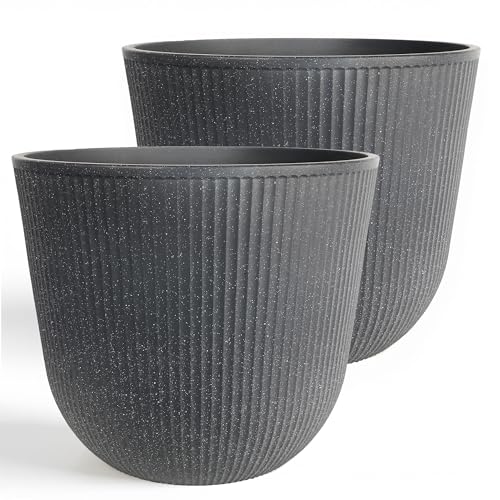 WORTH Garden Round Large Planter Pot Set of 2-17.5" Dia x 15.5" H - Durable Plastic Grey Plant Tree Pots with Vertical Stripe Textured Finish, Drainage Hole for Indoor, Outdoor, Front Porch, Patio - color: Gray, size: 2-Pack