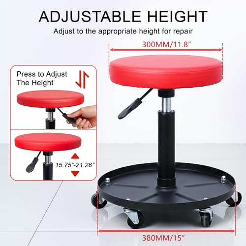 Rolling Mechanic Stool with Wheels Pneumatic Garage Shop Seat,Red - color: Red