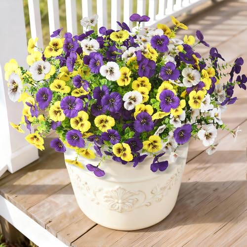 INQCMY Fake Artificial Pansy Flowers Plants for Outdoors UV Resistant - color: Deep Purple, Yellow, White