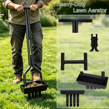 4-Tine Lawn Aerator with Soil Tray – 39.5" Manual Coring Tool for Grass, Yard & Compacted Soil – 4.5" Hollow Tines, Upgraded 4-Tine Design