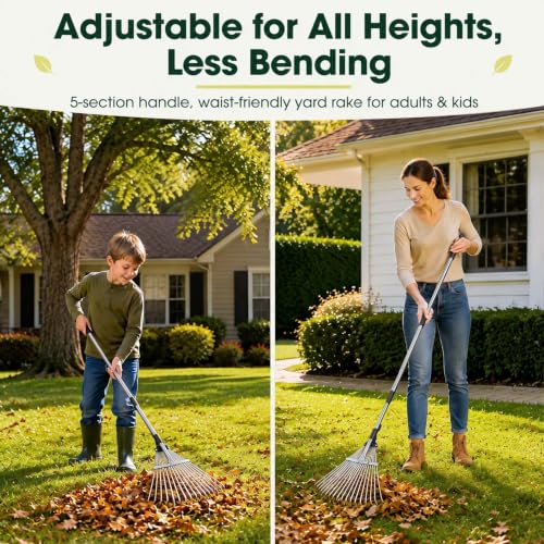 Rake for Leaves 18 Teeth, 8-17" Adjustable Width Metal Rake - size: 8"-17" Wide, 34"-66" Long