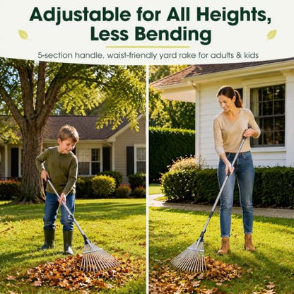 Rake for Leaves 18 Teeth, 8-17" Adjustable Width Metal Rake - size: 8"-17" Wide, 34"-66" Long