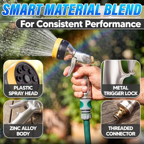Metal Garden Heavy Duty Hose Nozzle, 8 Spray Patterns, Lock Clip - color: Metal-Yellow