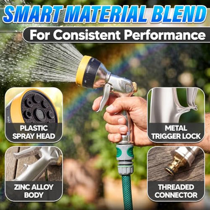 Metal Garden Heavy Duty Hose Nozzle, 8 Spray Patterns, Lock Clip - color: Metal-Yellow