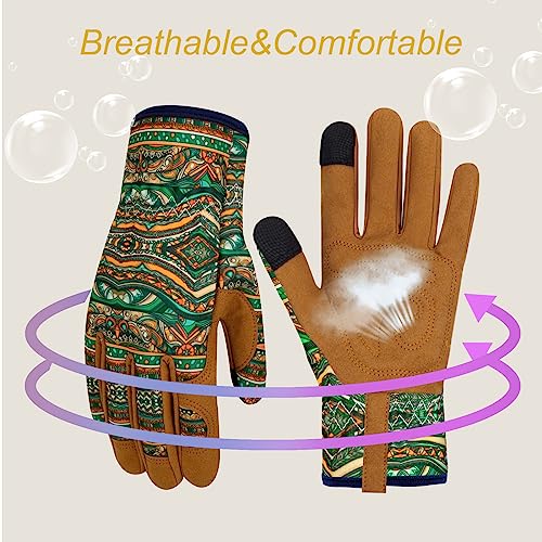 Leather Gardening Gloves for Women Thorn Proof Garden Gloves Touch Screen Working Gloves Gifts,M - color: Bohemian Style B