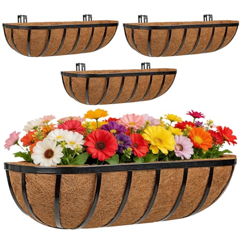 24 Inch Railing Planter Boxes with Adjustable Brackets for Hanging Outdoor Plants, Window Box Planter with Coco Liner for Balcony Deck Porch & Patio Garden Decor, 4 Pack & Black - size: 4 Pack, style: Arc