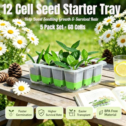 NestNature 5-Pack Seed Starter Tray Set|Reusable 60Cell Seed Starter Trays - color: Basic Style Green