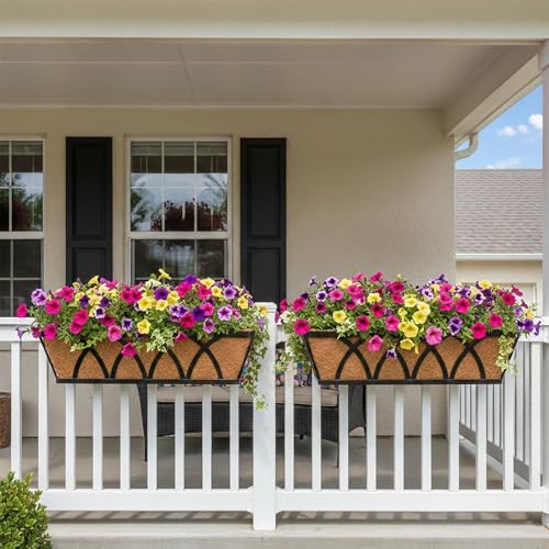 EIMQUVW 2 Pack Adjustable Railing Planter Brackets Heavy Duty Window Box Holders for Metal Hanging Flower Baskets Fits Decks, Balconies, and Railings