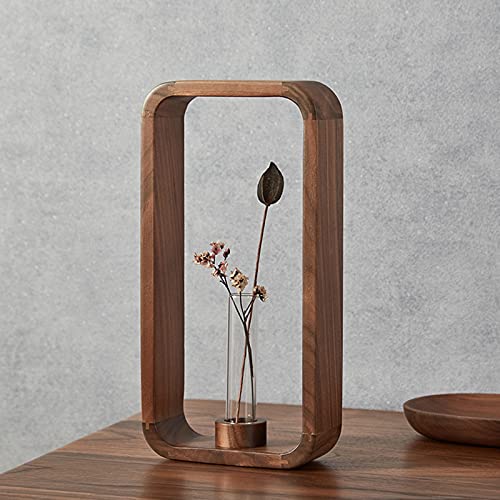 Transprent Glass Vase Test Tube Hydrophilic Plants Holder Walnut Wooden Frame Flower Stand Table Garden Bonsai Decor,Gifts for Women, Home Office Decor Planter (Big) - size: Large