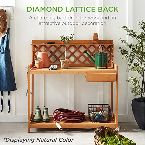 Best Choice Products Outdoor Garden Potting Bench, Wooden Workstation Table w/Cabinet Drawer, Open Shelf, Lower Storage, Lattice Back - Gray