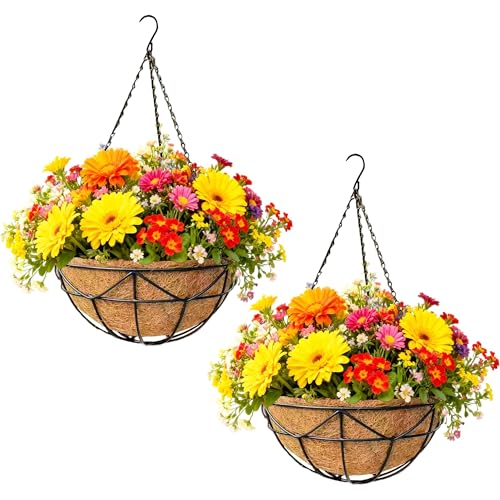 2 Pack 12 Inch Metal Outdoor Hanging Baskets Black Heavy Duty Hanging Planters with Coco Liners for Indoor Outdoor Plants Gardens Patios Terraces（Geometric） - color: Geometric