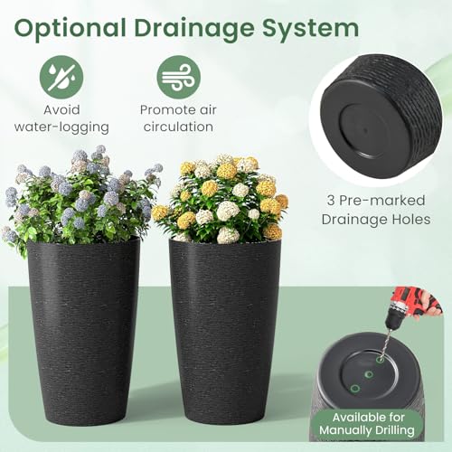 GIANTEX 21” Tall Round Plastic Planters Set of 2 w/Drainage System, Black - color: Black, size: 13"x13"x21"