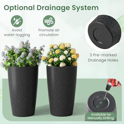 GIANTEX 21” Tall Round Plastic Planters Set of 2 w/Drainage System, Black - color: Black, size: 13"x13"x21"