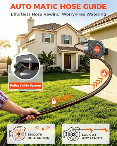 90FT Retractable Garden Hose Reel 5/8 Inch, Heavy Duty Wall Mounted Hose Reel with 9-Pattern Nozzle, Automatic Slow Return & Any-Length Lock, 180° Swivel UV Resistant for Lawn & Car Wash - size: 5/8inch 90ft