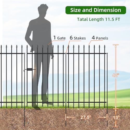 Decorative Metal Garden Fence with Gate 42" x 11.5', Dog Fence Outdoor - size: 42″H x 11.5ft（1Gate+4Panels）