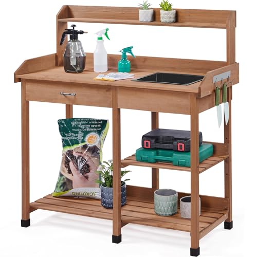 Yaheetech Potting Bench with Sink & Drawer, Outdoor Gardening Table, Brown - color: Brown