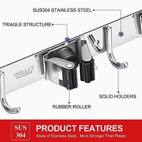 IMILLET Broom Holder Wall Mount Stainless Steel Mop Organizer - color: Stainless Steel - 3 Racks with 4 Hooks, size: 1 Pack