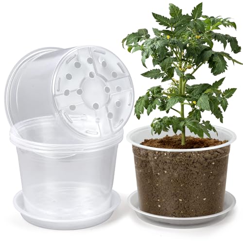 OUPSAUI 8 Inch Clear Nursery Pots with Drainage and Saucer, 5 Pack Large Plastic Pots for Plant, Seedling Starter Pot, Garden Pots for Succulents Flower Vegetables Herb - size: 8 Inch