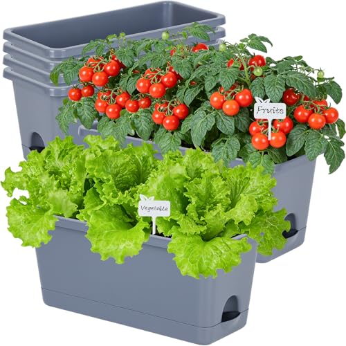 Oliz Window Box Planter 6 Packs, 13.8 Inches Rectangle Flower Pots with Drainage Holes & Trays, Pots for Vegetables, Herbs, Flowers, Garden Windowsill Balcony (Grey) - color: Gray