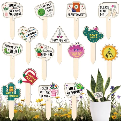 JUYRLE Funny Wooden Plant Labels - 15 Pack Tags for Succulents, Flowers, Greenery; Waterproof, Outdoor Garden Plant Markers; Perfect Gifts for Plant Lovers - style: Funny-Wooden