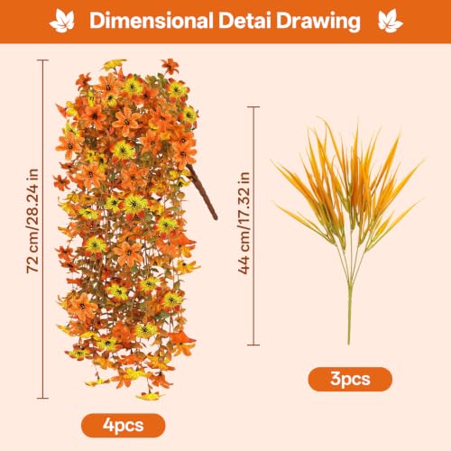 7PCS Artificial Fall Hanging Flowers for Outdoor, Six-Petaled Faux Mums - color: Orange Yellow