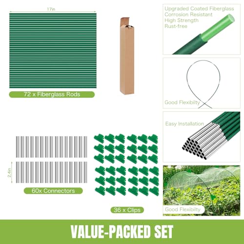 72 Pack Garden Hoops for Raised Beds, 12 Sets Fiberglass with PVC - color: Green-72P