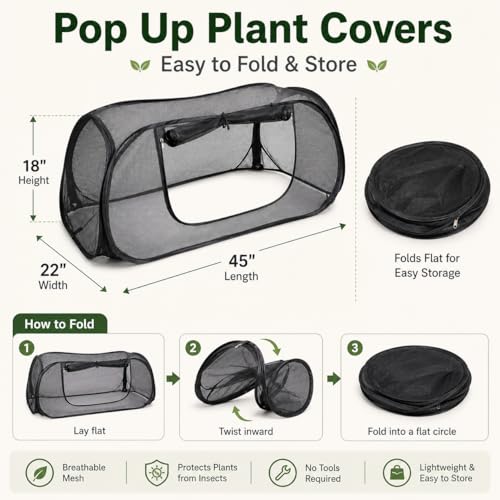 2PCS Pop Up Mesh Plant Covers for Raised Beds, Foldable Garden Bed Shade Cover（45 x 22 x 18 in）- 50% Sunblock Mesh Cover with Zipper Door & 16 Stakes for Vegetables Seedlings Herbs（Black）