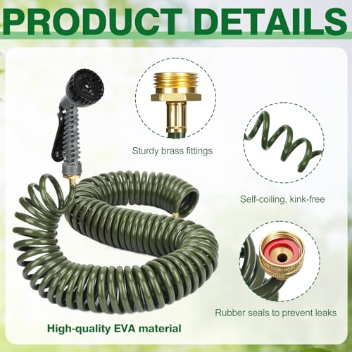 100 FT 3/8" Lightweight Coiled Garden Hose EVA Flexible with 7 Function Nozzles and Brass Connectors for Garden Watering Plants Greenhouses Patios Olive Green