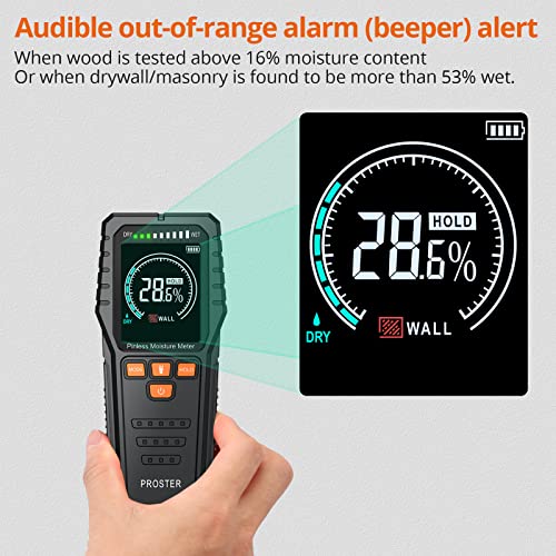 Proster Pinless Moisture Meter 3/4" Depth Color Alarm Non-Destructive