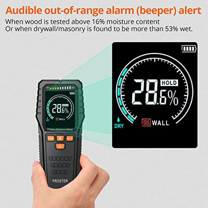 Proster Pinless Moisture Meter 3/4" Depth Color Alarm Non-Destructive
