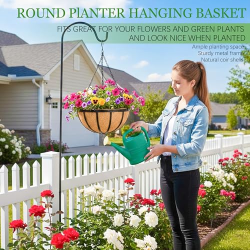 Hanging Planters for Outdoor Plants 4 Pack 14 inch Metal Hanging Flower Basket with Coco Coir Liner Wire Plant Holder Watering Flower Baskets Pot Hanger Garden Decoration for Indoor Outdoor(DQL) - color: The Earth, size: 14inch