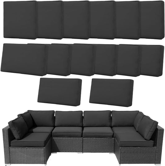 14Pcs Outdoor Cushion Covers Replacement Washable Waterproof UV w/Zipper for 6-Seaters Sofa Patio Slipcovers Set Seat and Back Covers Only (Black, 25x25x3.15inch) - color: Black, size: 25x25x3.15inch