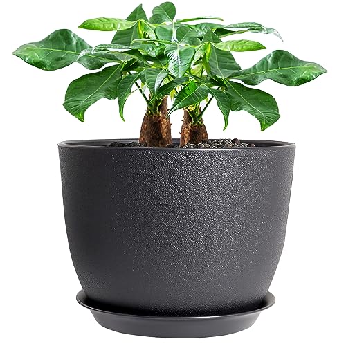 UOUZ 12inch Large Plant Pot, Modern Plastic Planter with High Driange Holes and Saucer for Indoor Outdoor Garden Plants and Flowers, Black - color: Black