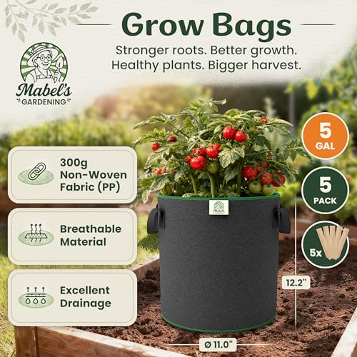 Mabel's Gardening 5-Pack 5 Gallon Grow Bags - Garden Planting Bags 11.0 x 12.2 INCH Made of 8.85 oz/yd² (300g/m²) Felt & Fleece Fabric Plant Pot, Plant Bag, Grow Bag for Strawberry Chilli Tomato - color: 5-pack, size: 5 Gallon