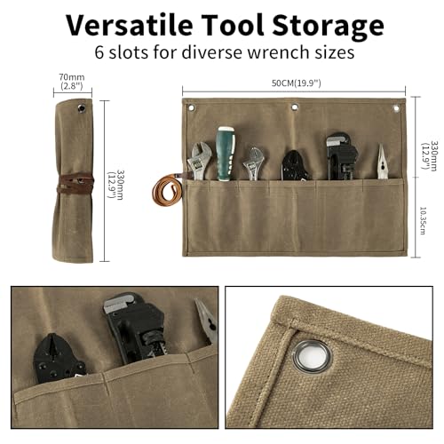 Chisel Roll,Small Tool Roll Pouch,Tool Roll Bag Organizer, Heavy Duty Waxed Canvas Tool Bag, Multi-Purpose Roll-Up Storage Bag for Hand Tools Holder with 6 Pockets Wrench Roll Up Pouch - color: Brown