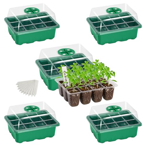 Bonviee 5-Pack Seed Starter Trays, Humidity Dome, Base, 12-Cell Tray, Green - color: Green, size: 5 Packs (60 Cells)