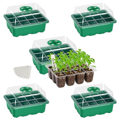 Bonviee 5-Pack Seed Starter Trays, Humidity Dome, Base, 12-Cell Tray, Green - color: Green, size: 5 Packs (60 Cells)
