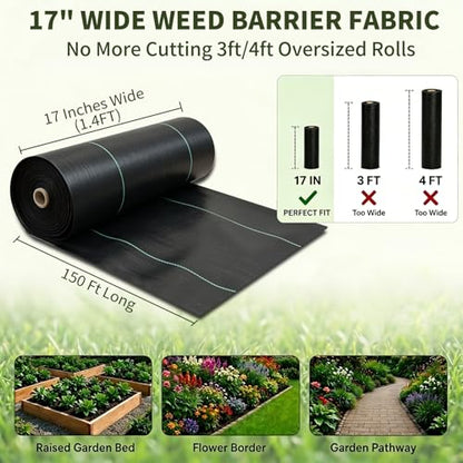 EXTRAEASY 17 in (1.4 ft) x 150 ft Landscape Fabric Weed Barrier, 3.2 oz Heavy Duty Woven Weed Blocker, Ground Cover Geotextile Fabric for Under Gravel, Garden Bed Liner & Pathways - size: 1.4ft x 150ft