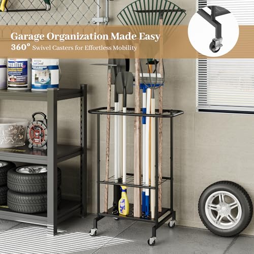 Garden Tool Organizer with Wheels, Heavy Duty Metal Garage Tool Storage Rack, Yard Tool Holder for Long-Handled Tools, Rakes and Brooms, Indoor and Outdoor Use for Shed, Patio - style: Tool Rack with Wheels
