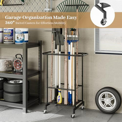 Garden Tool Organizer with Wheels, Heavy Duty Metal Garage Tool Storage Rack, Yard Tool Holder for Long-Handled Tools, Rakes and Brooms, Indoor and Outdoor Use for Shed, Patio - style: Tool Rack with Wheels