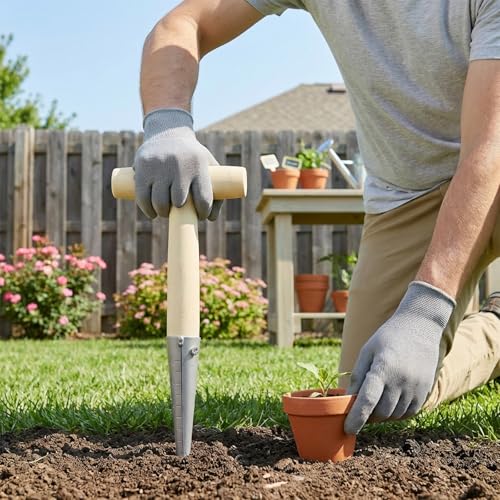 T-Shaped Garden Seed Dibber with Depth Measurements - Stainless Steel Bulb Planter Tool with Wooden Handle for Planting Seeds, Bulbs, Tulips, Daffodils & Flowers, Perfect Gardening Hole Digger