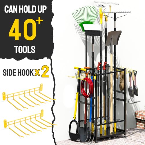 Garden Tool Organizer, Up 48 Long Handle Tool, Garage Storage and Organization with Side Hook for Broom/Rake/Shovel/T-Handle Tool, Heavy Duty Steel Outdoor Tool Rack,Yard Tool Stand for Shed
