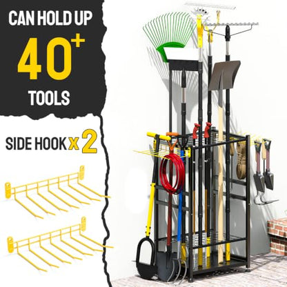 Garden Tool Organizer, Up 48 Long Handle Tool, Garage Storage and Organization with Side Hook for Broom/Rake/Shovel/T-Handle Tool, Heavy Duty Steel Outdoor Tool Rack,Yard Tool Stand for Shed