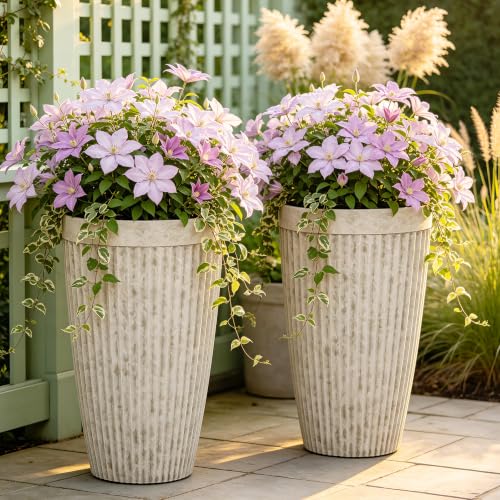 2-Pack 20" Vintage Ivory Resin Tall Planters with Fluted Texture - color: 20"h-faux Cement