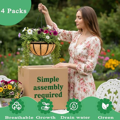 4 Pack 14 Inch Hanging Planters for Outdoor Plants Metal Hanging Planter Basket with Coco Coir Liner Round Plant Black Flat Iron Metal Flower Pots for Deck Patio Porch Garden Balcony - size: 14 Inch