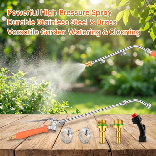 All-Metal Sprayer Wand with 3 Interchangeable Nozzles, Stainless Steel Replacement Wand for Garden Watering and Spraying, Adjustable Brass Barb Fit for 3/8" & 1/4" Hose with Locking Handle