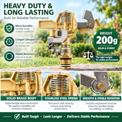 1/2" Brass Impact Sprinkler Head, Heavy Duty Zinc-Free Solid Brass Body, Adjustable 0°–360° Spray Pattern, Up to 45 FT Radius, Stainless Steel Spring & Parts for Lawn Garden Irrigation