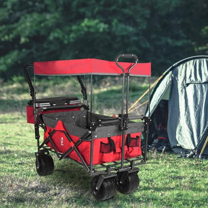 Foldable Wagon with Removable Canopy & Cooler Bag - Heavy Duty Collapsible Wagon Utility Cart with 4" All-Terrain Wheels for Camping, Beach, Garden - color: Red