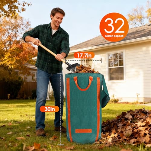 Reusable Yard Waste Bags 2 Packs 32 Gallon Standable Garden Bags for Leaves with Reinforced Carry Handles Heavy Duty Collapsible Yard Waste Containers for Leaves, Lawn Debris & Grass Clippings