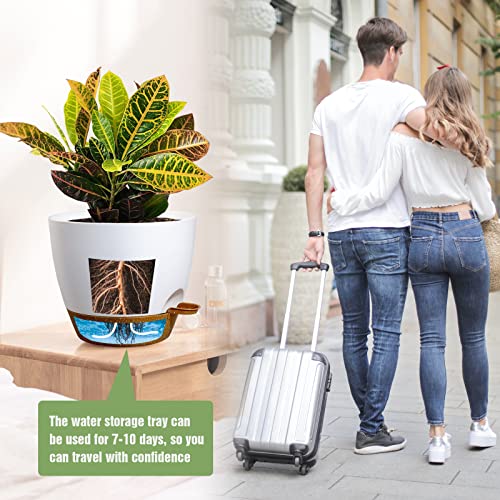 UOUZ Large Self Watering Pots, 12/10/9 Plastic Planters with High Drainage Holes and Deep Reservoir for Indoor Outdoor Garden Plants and Flowers, White with Brown - color: White With Brown